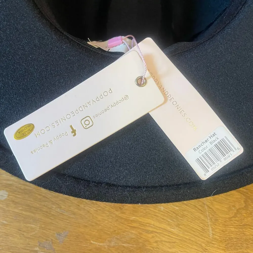 NWT Poppy & Peonies Rancher Hat in Black Adjustable Vegan Discontinued